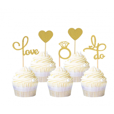 Hens Night Cupcake Toppers 12pack - I DO, LOVE AND RINGS GOLD
